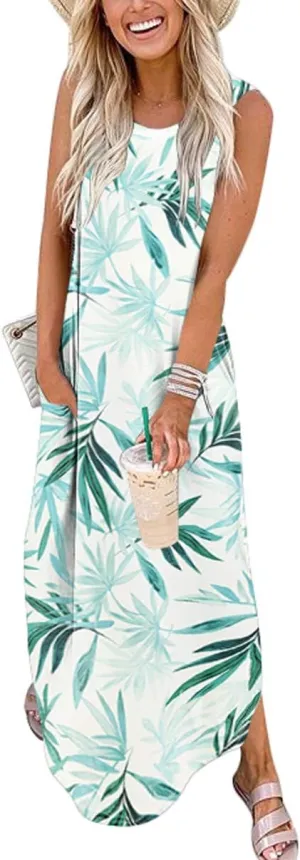 ANRABESS Women Casual Loose Sundress Sleeveless Split Maxi Long Beach Shirt Dress Travel Vacation 2025 Summer Outfits