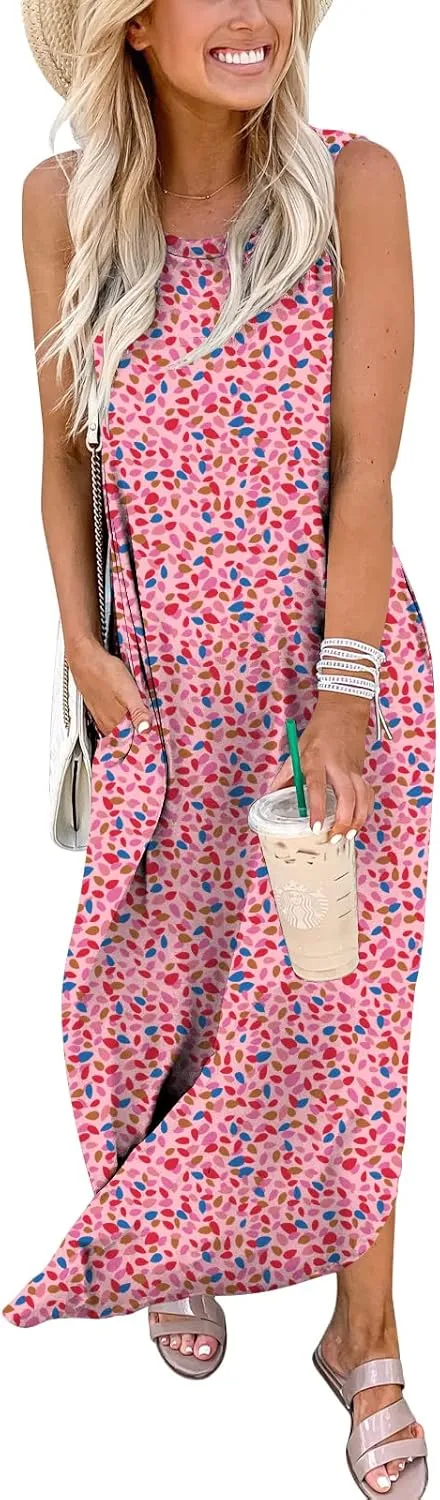 ANRABESS Women Casual Loose Sundress Sleeveless Split Maxi Long Beach Shirt Dress Travel Vacation 2025 Summer Outfits