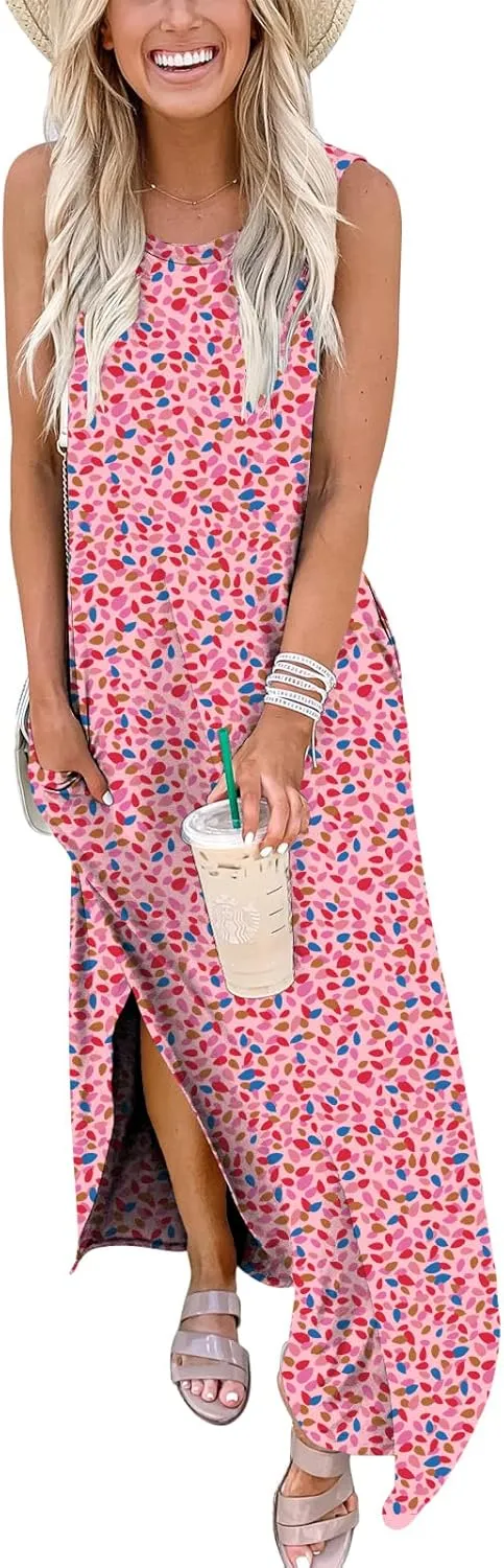 ANRABESS Women Casual Loose Sundress Sleeveless Split Maxi Long Beach Shirt Dress Travel Vacation 2025 Summer Outfits