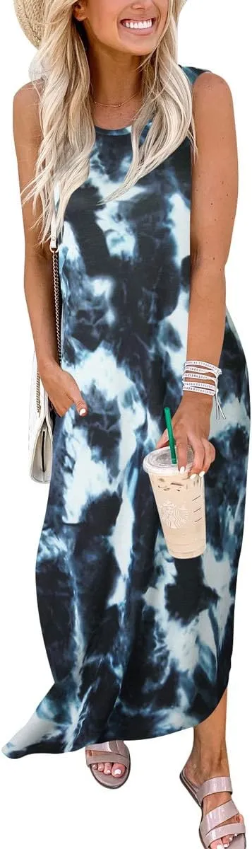 ANRABESS Women Casual Loose Sundress Sleeveless Split Maxi Long Beach Shirt Dress Travel Vacation 2025 Summer Outfits