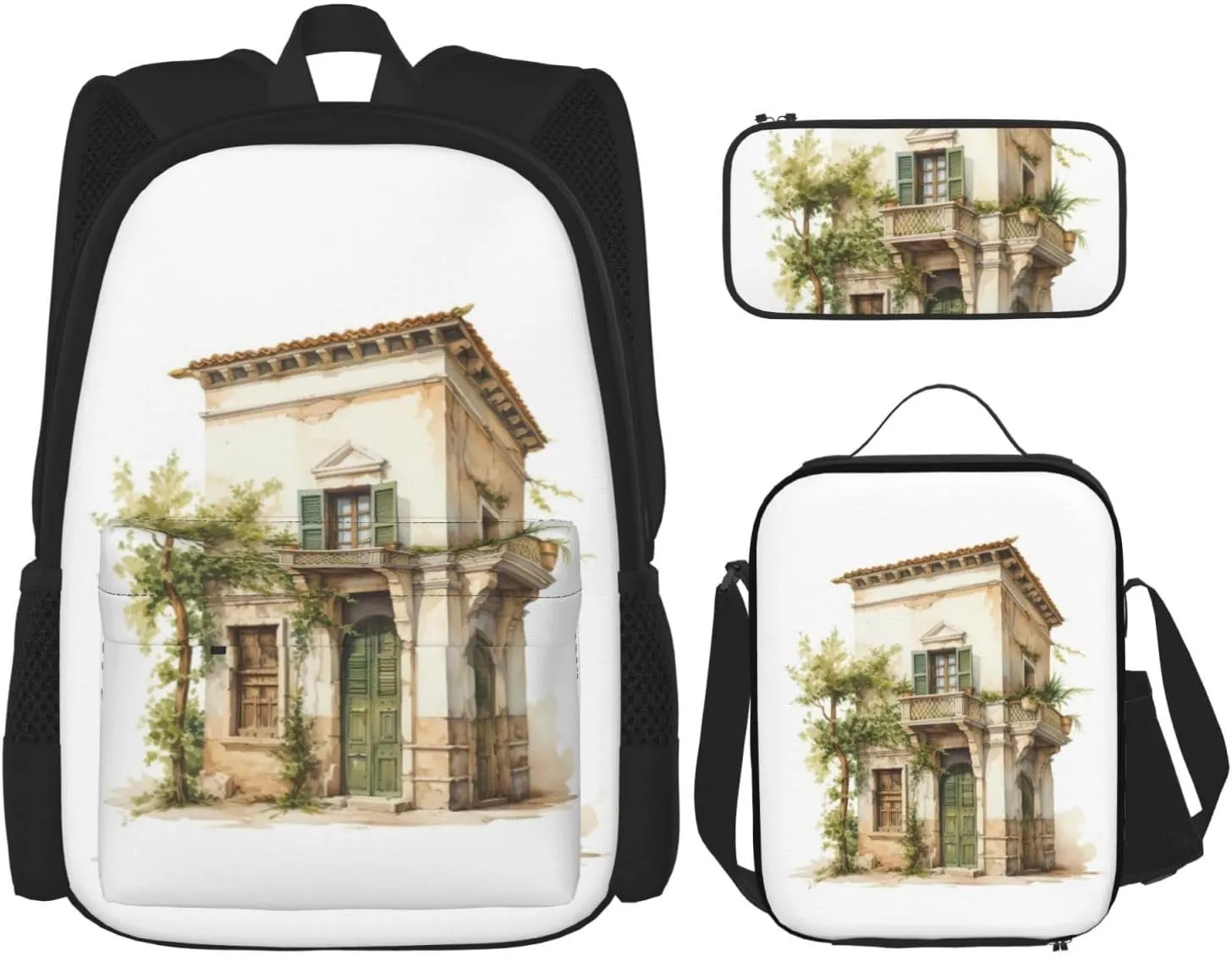 Antique Building with Roman Olive Branch and Greek print Pocket backpack Crossbody lunch bag pen bag set 3-in-1 Makeup bag Outdoor travel