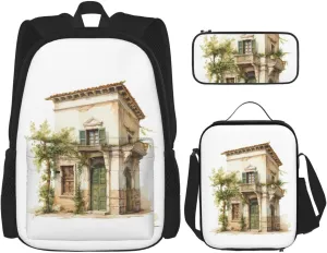 Antique Building with Roman Olive Branch and Greek print Pocket backpack Crossbody lunch bag pen bag set 3-in-1 Makeup bag Outdoor travel