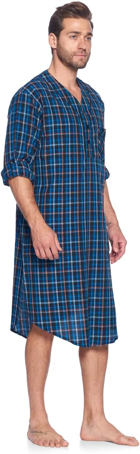 Ashford & Brooks Men's Long Nightshirt | Woven Plaid Henley Gown Sleep Shirt