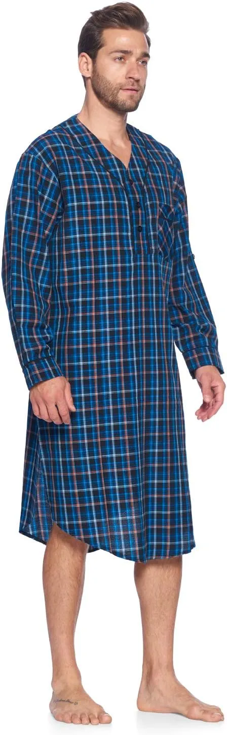 Ashford & Brooks Men's Long Nightshirt | Woven Plaid Henley Gown Sleep Shirt