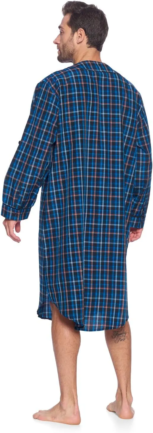 Ashford & Brooks Men's Long Nightshirt | Woven Plaid Henley Gown Sleep Shirt