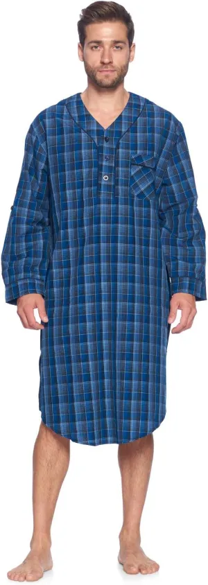 Ashford & Brooks Men's Long Nightshirt | Woven Plaid Henley Gown Sleep Shirt