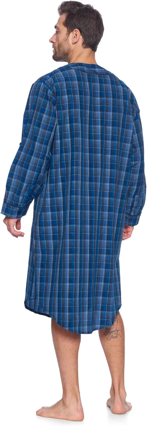 Ashford & Brooks Men's Long Nightshirt | Woven Plaid Henley Gown Sleep Shirt