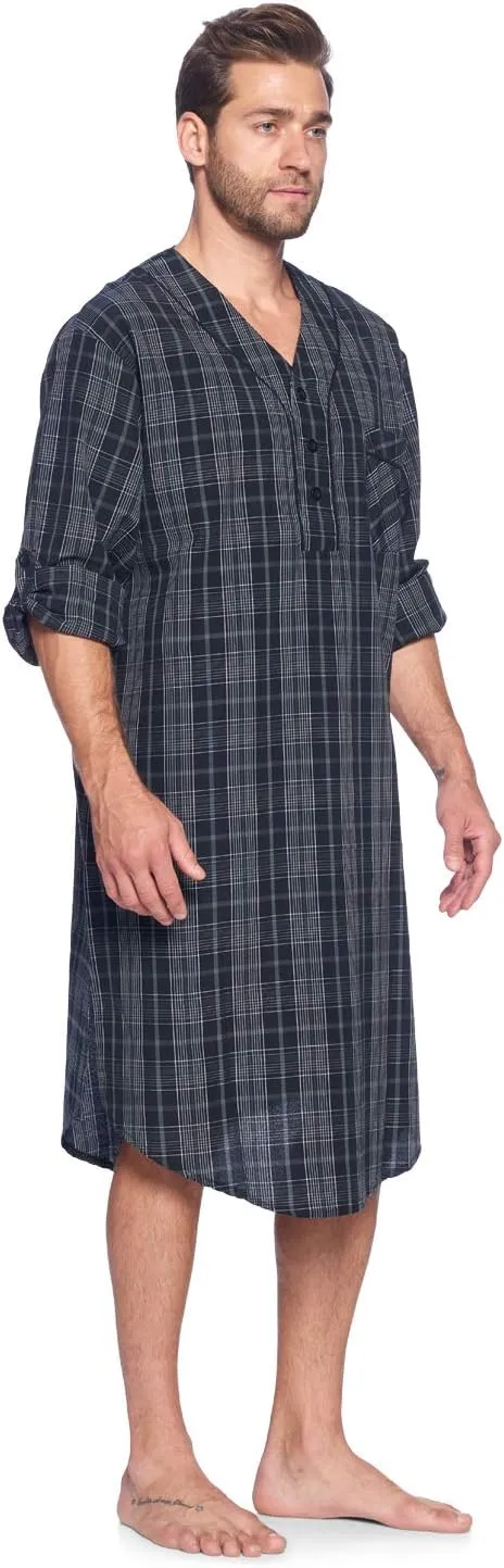 Ashford & Brooks Men's Long Nightshirt | Woven Plaid Henley Gown Sleep Shirt