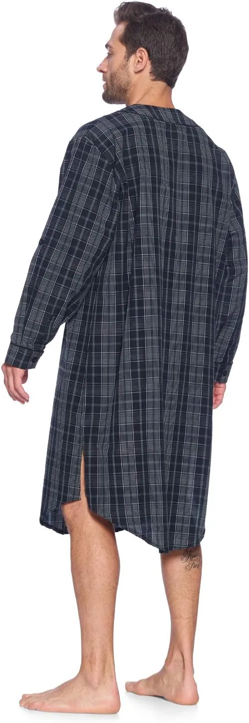 Ashford & Brooks Men's Long Nightshirt | Woven Plaid Henley Gown Sleep Shirt