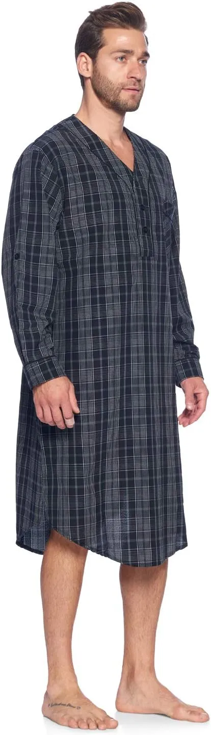 Ashford & Brooks Men's Long Nightshirt | Woven Plaid Henley Gown Sleep Shirt