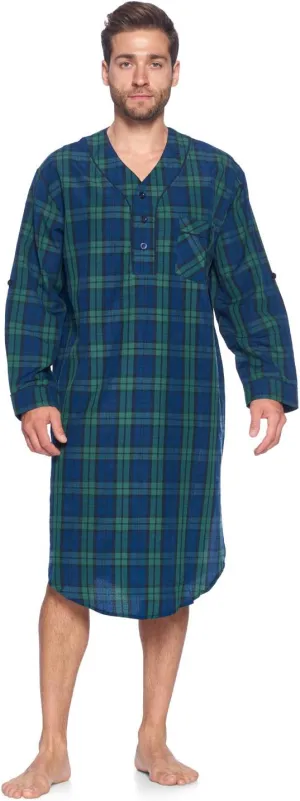 Ashford & Brooks Men's Long Nightshirt | Woven Plaid Henley Gown Sleep Shirt