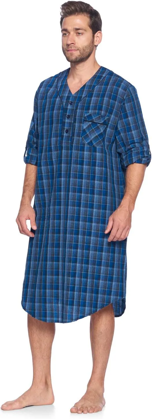 Ashford & Brooks Men's Long Nightshirt | Woven Plaid Henley Gown Sleep Shirt