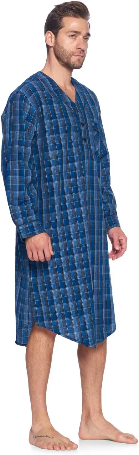 Ashford & Brooks Men's Long Nightshirt | Woven Plaid Henley Gown Sleep Shirt