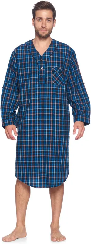 Ashford & Brooks Men's Long Nightshirt | Woven Plaid Henley Gown Sleep Shirt