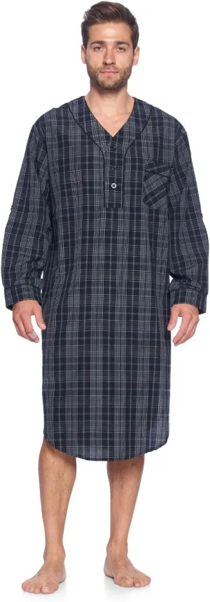 Ashford & Brooks Men's Long Nightshirt | Woven Plaid Henley Gown Sleep Shirt