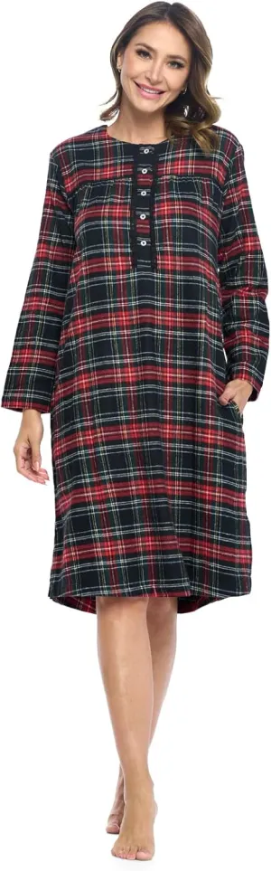 Ashford & Brooks Women's Flannel Plaid Long Sleeve Nightgown Sleepwear