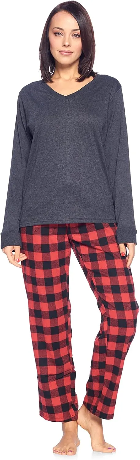 Ashford & Brooks Women’s Pajama Set | Cotton Knit Top & Flannel Pants Sleepwear PJs