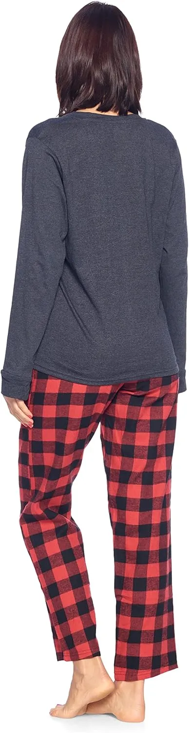 Ashford & Brooks Women’s Pajama Set | Cotton Knit Top & Flannel Pants Sleepwear PJs
