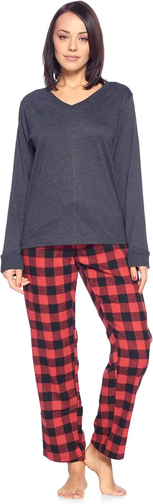Ashford & Brooks Women’s Pajama Set | Cotton Knit Top & Flannel Pants Sleepwear PJs