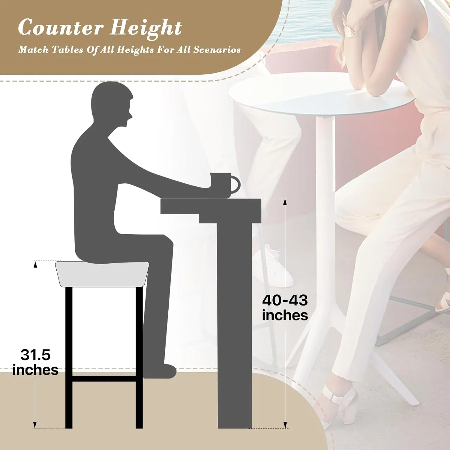 Athena Collection Counter Height Bar Stools Set of 2, 31.5 Inches Saddle Bar Stools with Leather Upholstered and Metal Legs, Backless Barstools for Counter, Kitchen Island, Dining Room, White