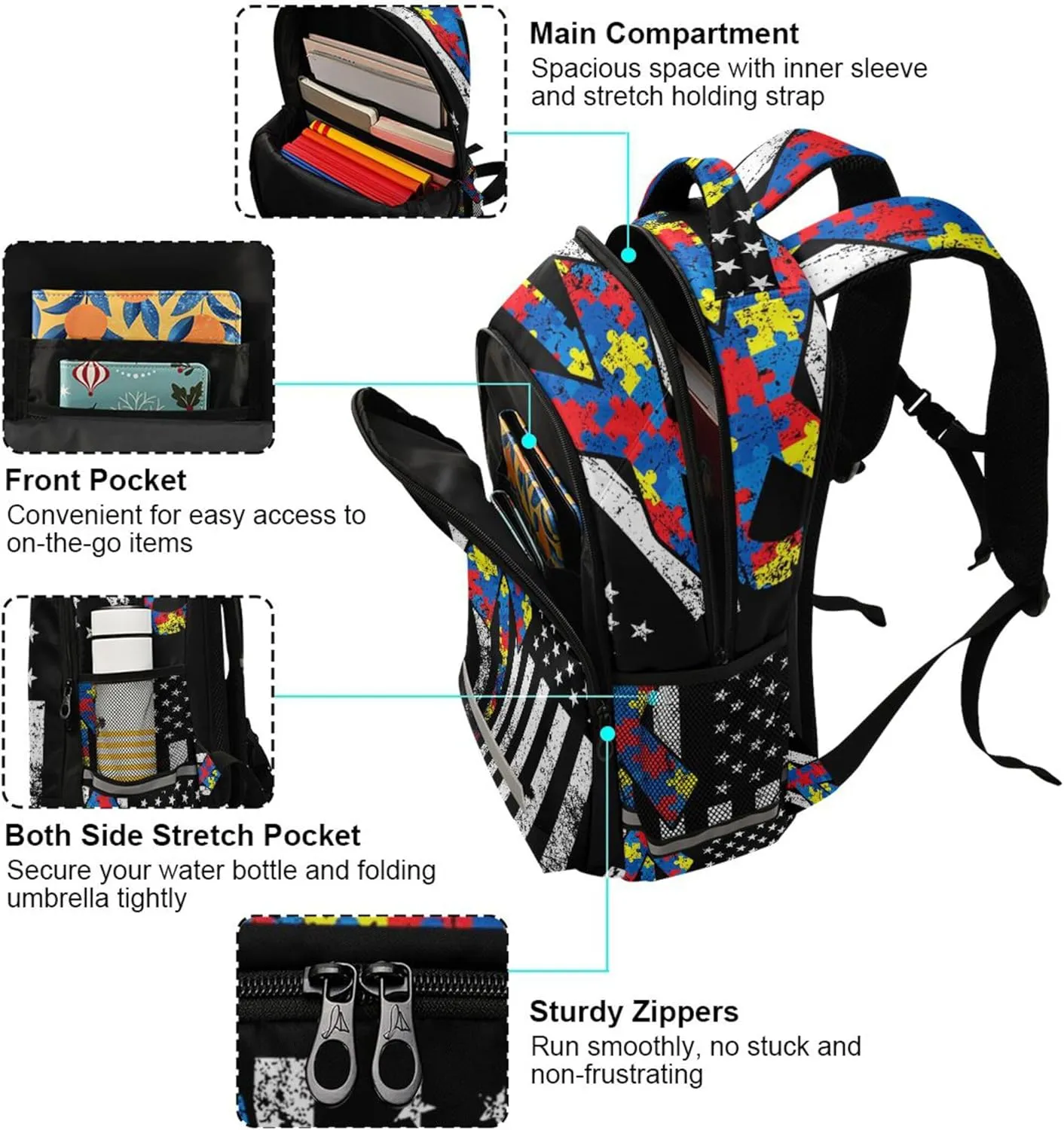 Autism Awareness American Flag Printing Backpack for Student Kids Rucksack Boys Girls School Bag Travel Daypack