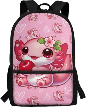 Axolotl Backpack for Girls 8-12 Kids School Bag 17 Inch Backpacks for School Strawberry Large Bookbags Elementary School Hiking Camping Book Bag Daypacks