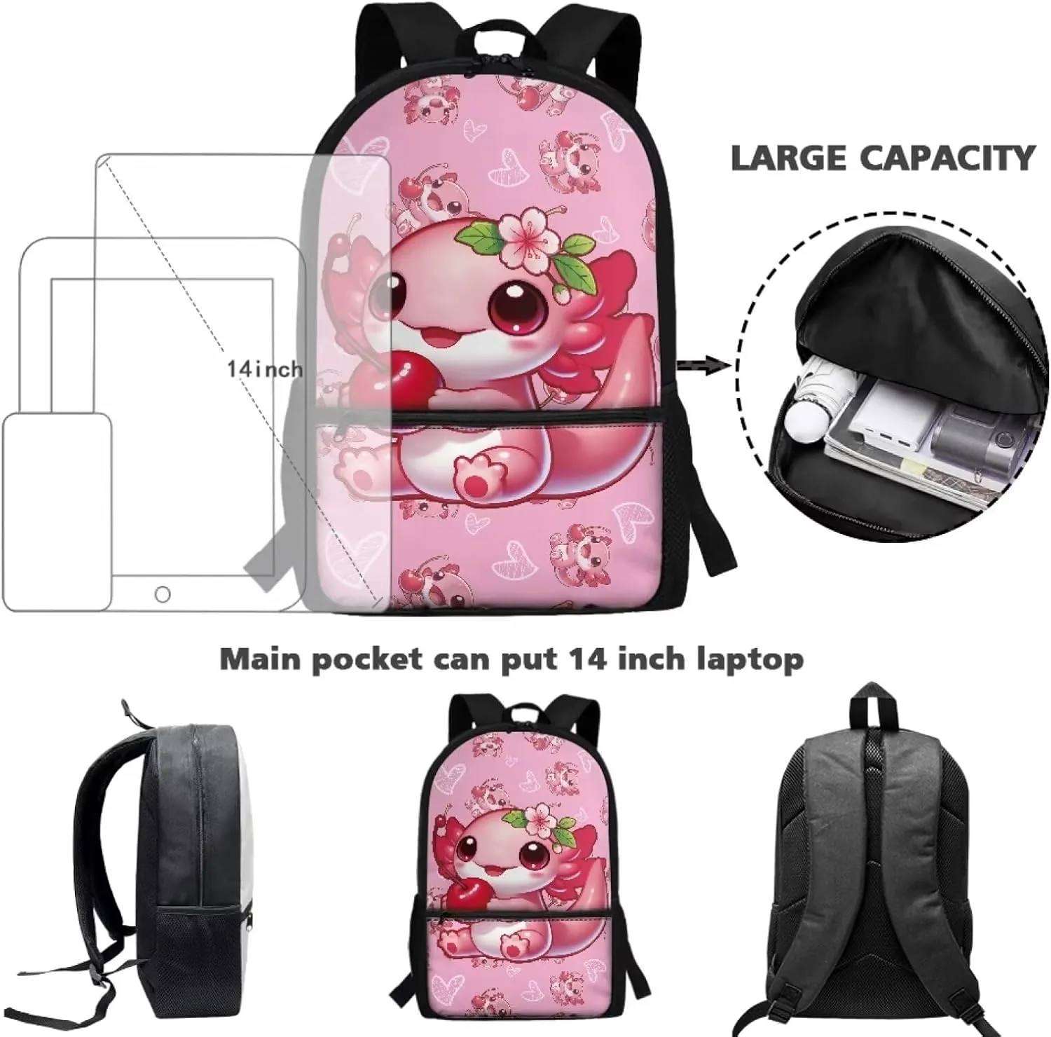 Axolotl Backpack for Girls 8-12 Kids School Bag 17 Inch Backpacks for School Strawberry Large Bookbags Elementary School Hiking Camping Book Bag Daypacks