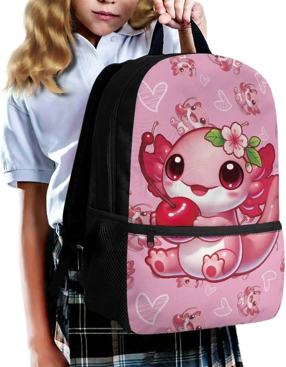 Axolotl Backpack for Girls 8-12 Kids School Bag 17 Inch Backpacks for School Strawberry Large Bookbags Elementary School Hiking Camping Book Bag Daypacks