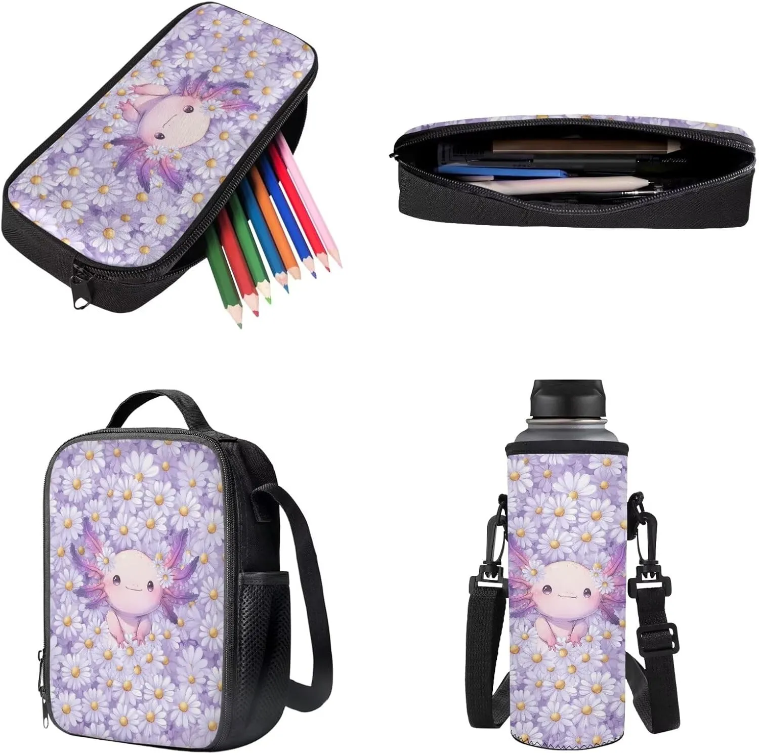 Axolotl Daisy Flower Print Kids School Backpack 4 In 1 Bookbag Set with Lunch Box Pencil Case and Water Bottle Holder Travel Laptop Backpack Casual Daypacks for Girls Boys