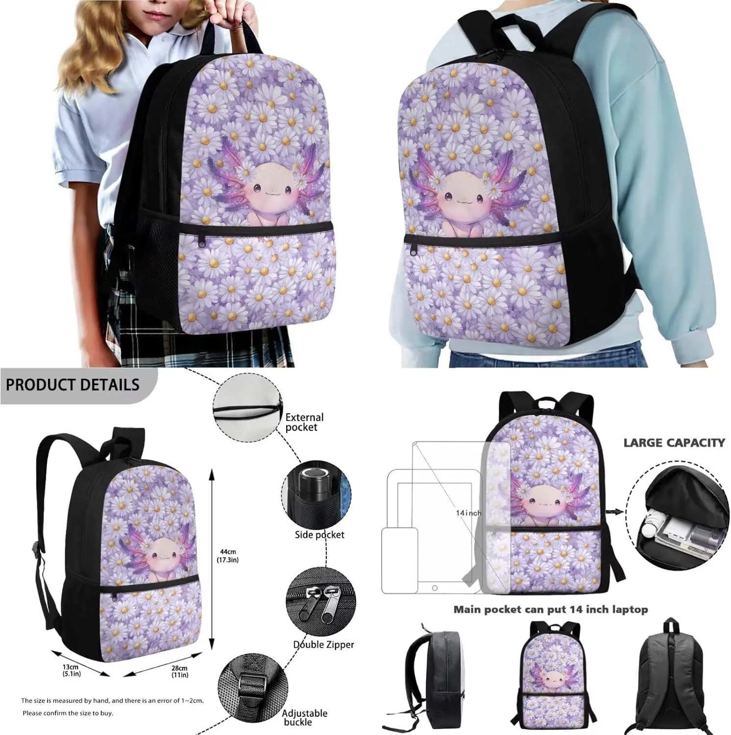 Axolotl Daisy Flower Print Kids School Backpack 4 In 1 Bookbag Set with Lunch Box Pencil Case and Water Bottle Holder Travel Laptop Backpack Casual Daypacks for Girls Boys