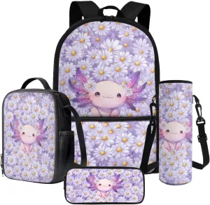 Axolotl Daisy Flower Print Kids School Backpack 4 In 1 Bookbag Set with Lunch Box Pencil Case and Water Bottle Holder Travel Laptop Backpack Casual Daypacks for Girls Boys
