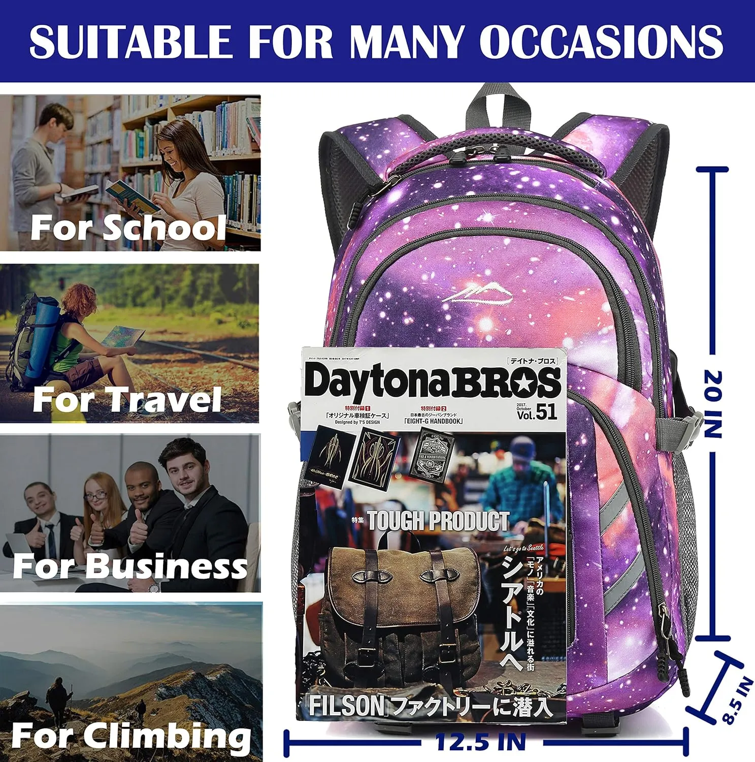 Backpack Bookbag for College Laptop Travel with USB Charging Port (Galaxy G)