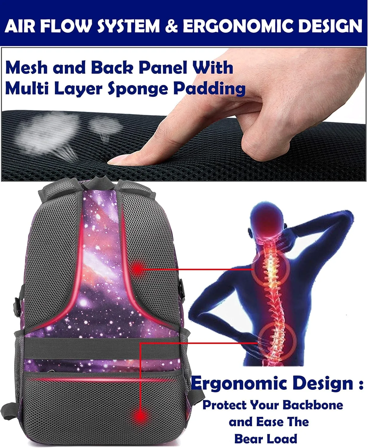 Backpack Bookbag for College Laptop Travel with USB Charging Port (Galaxy G)