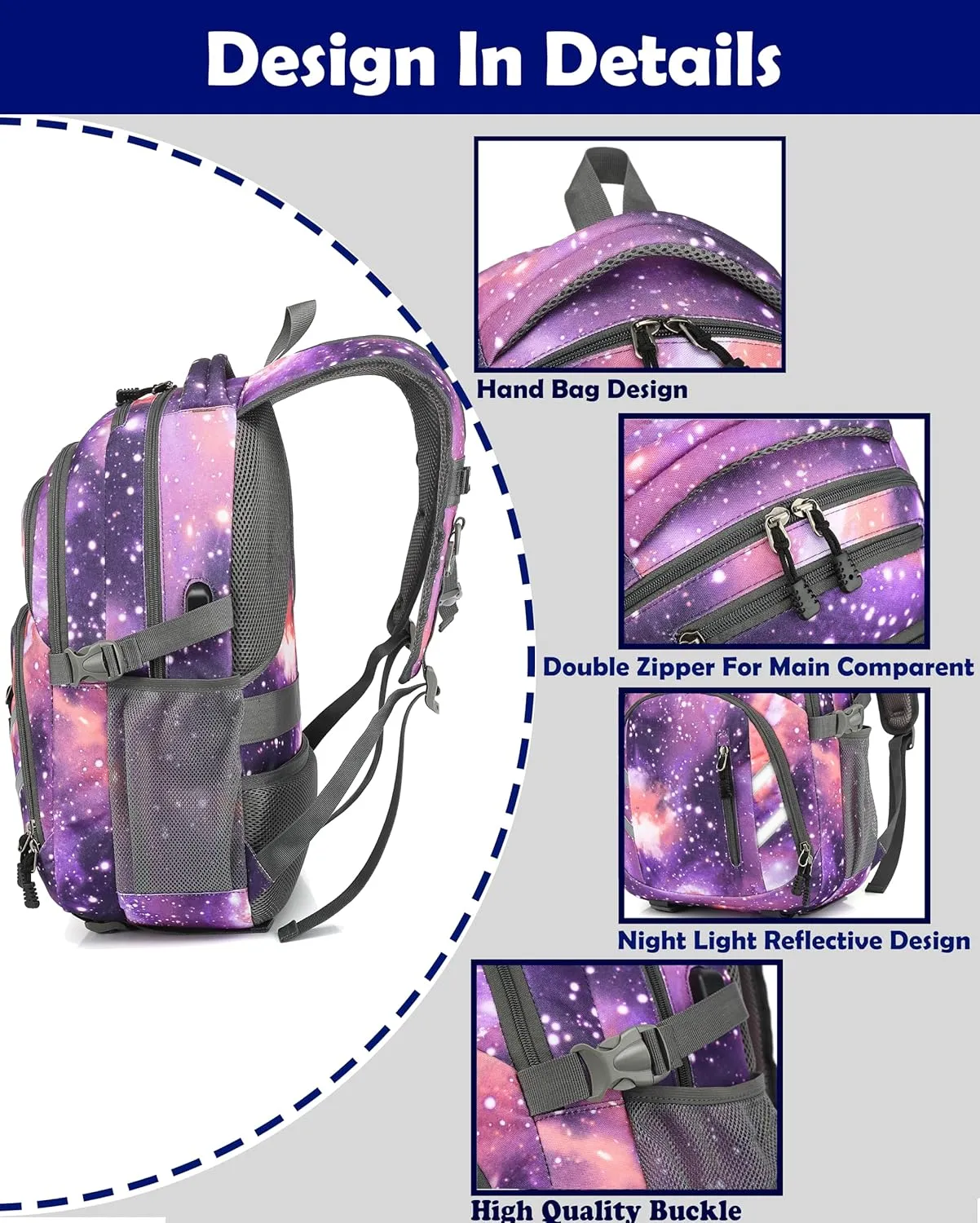 Backpack Bookbag for College Laptop Travel with USB Charging Port (Galaxy G)