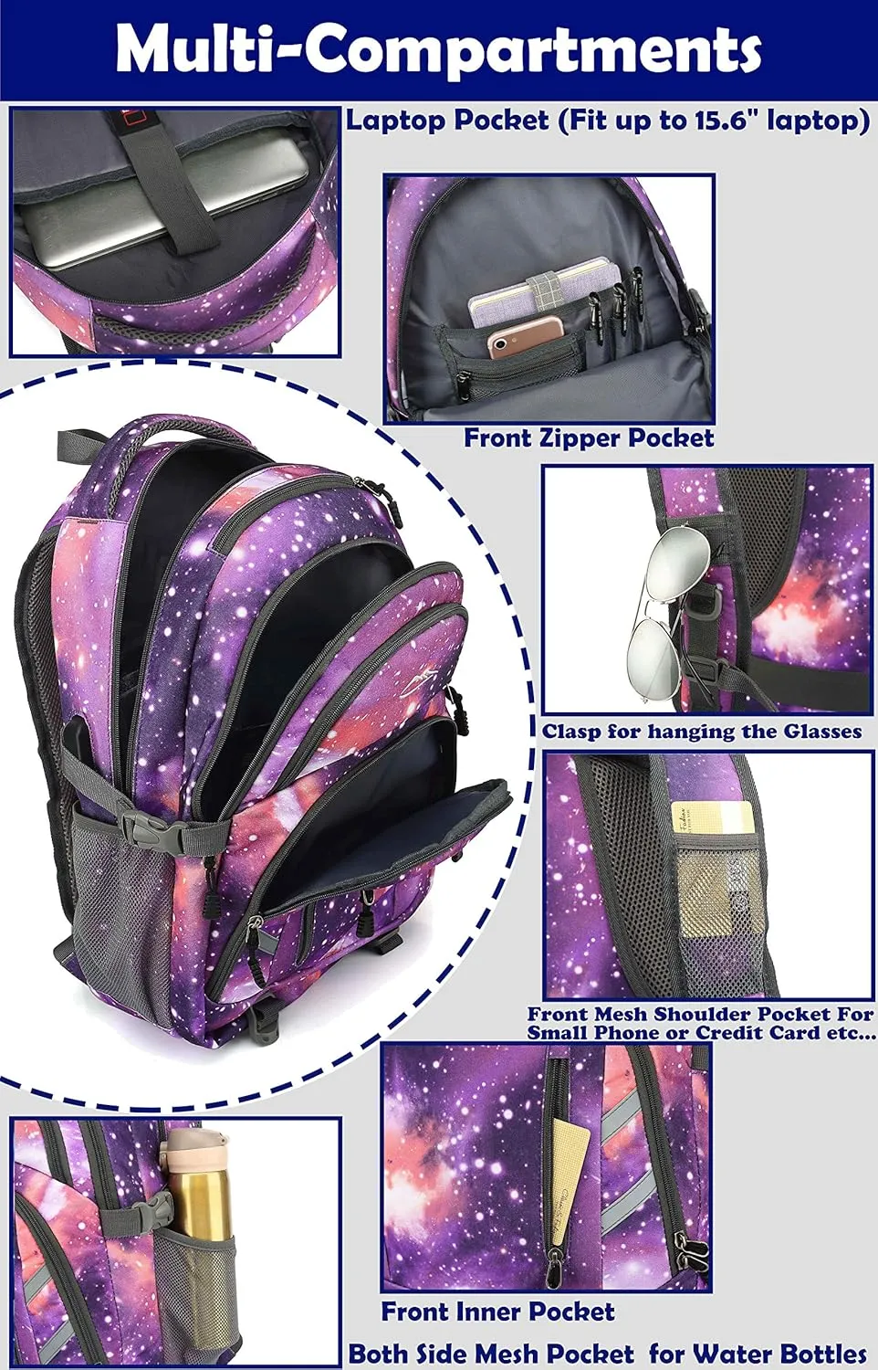Backpack Bookbag for College Laptop Travel with USB Charging Port (Galaxy G)