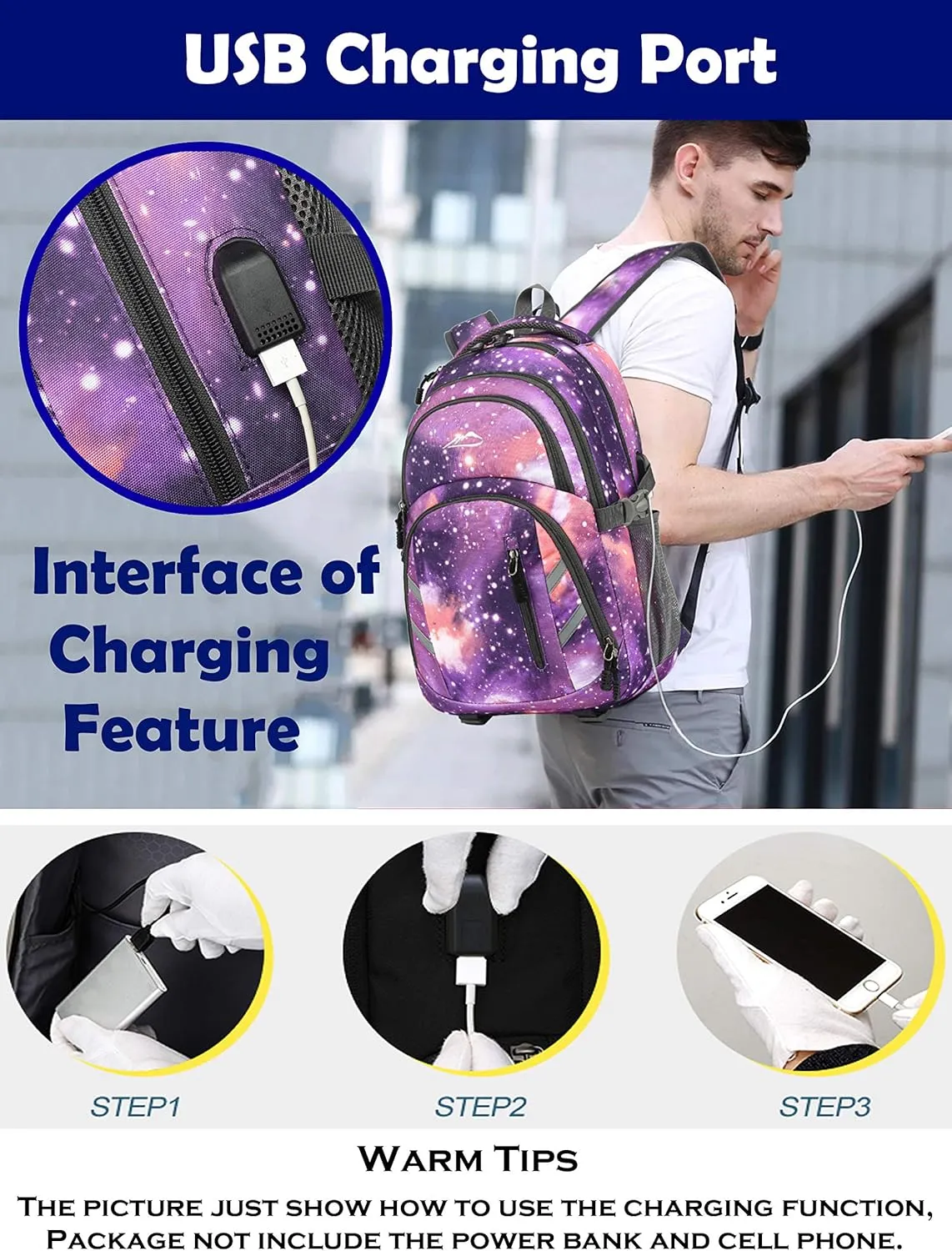 Backpack Bookbag for College Laptop Travel with USB Charging Port (Galaxy G)