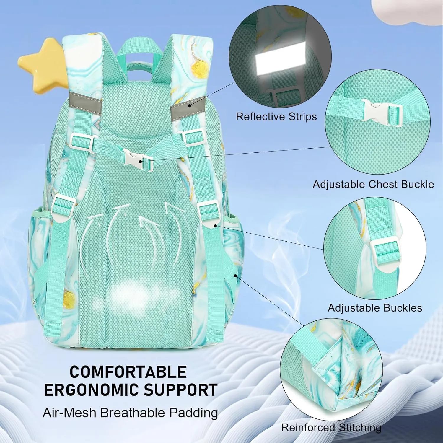 Backpack for Girls - Teens Bookbag for Middle School Students - Kids School Bags for Elementary Primary School (Turquoise Marble)