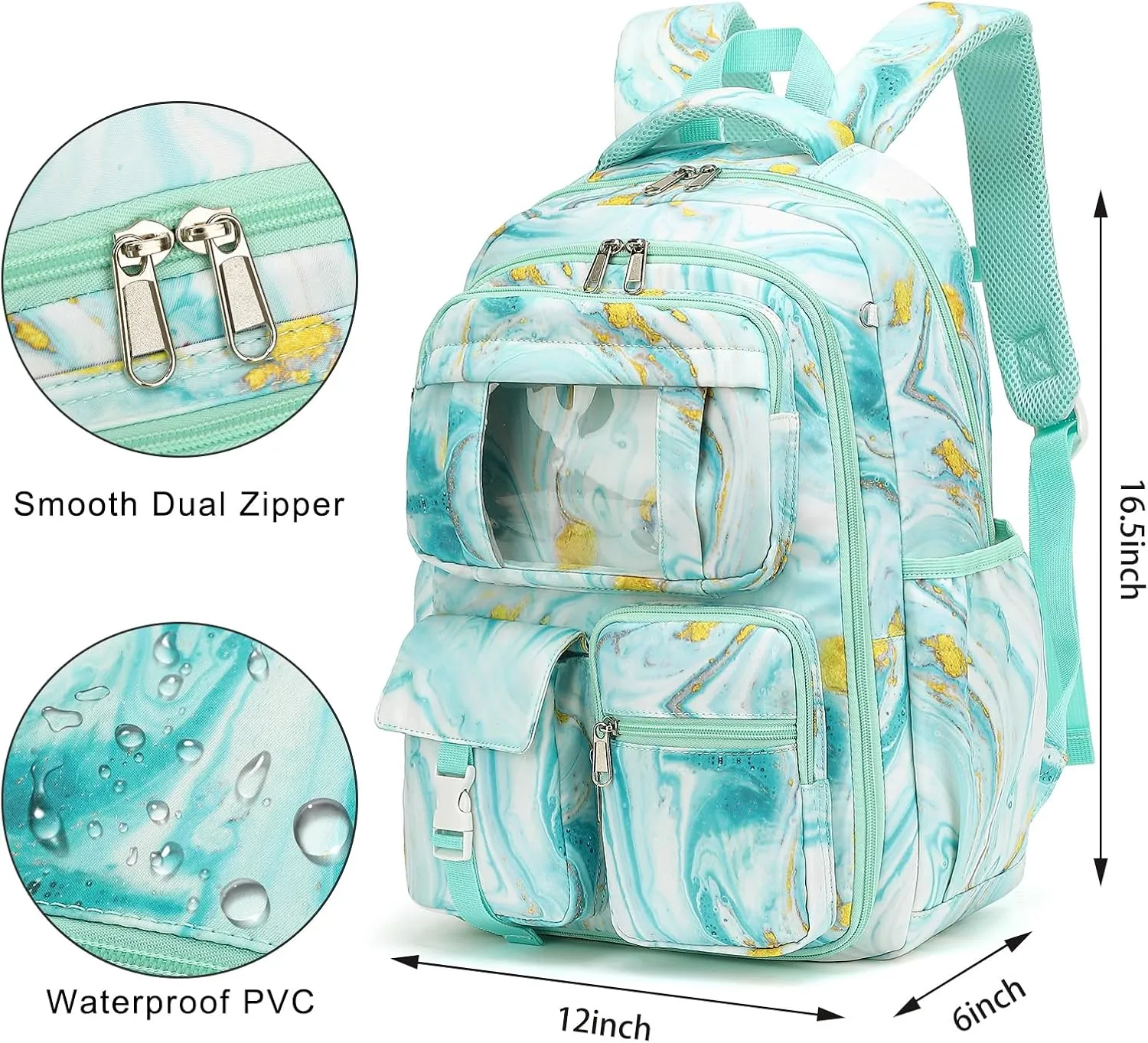 Backpack for Girls - Teens Bookbag for Middle School Students - Kids School Bags for Elementary Primary School (Turquoise Marble)