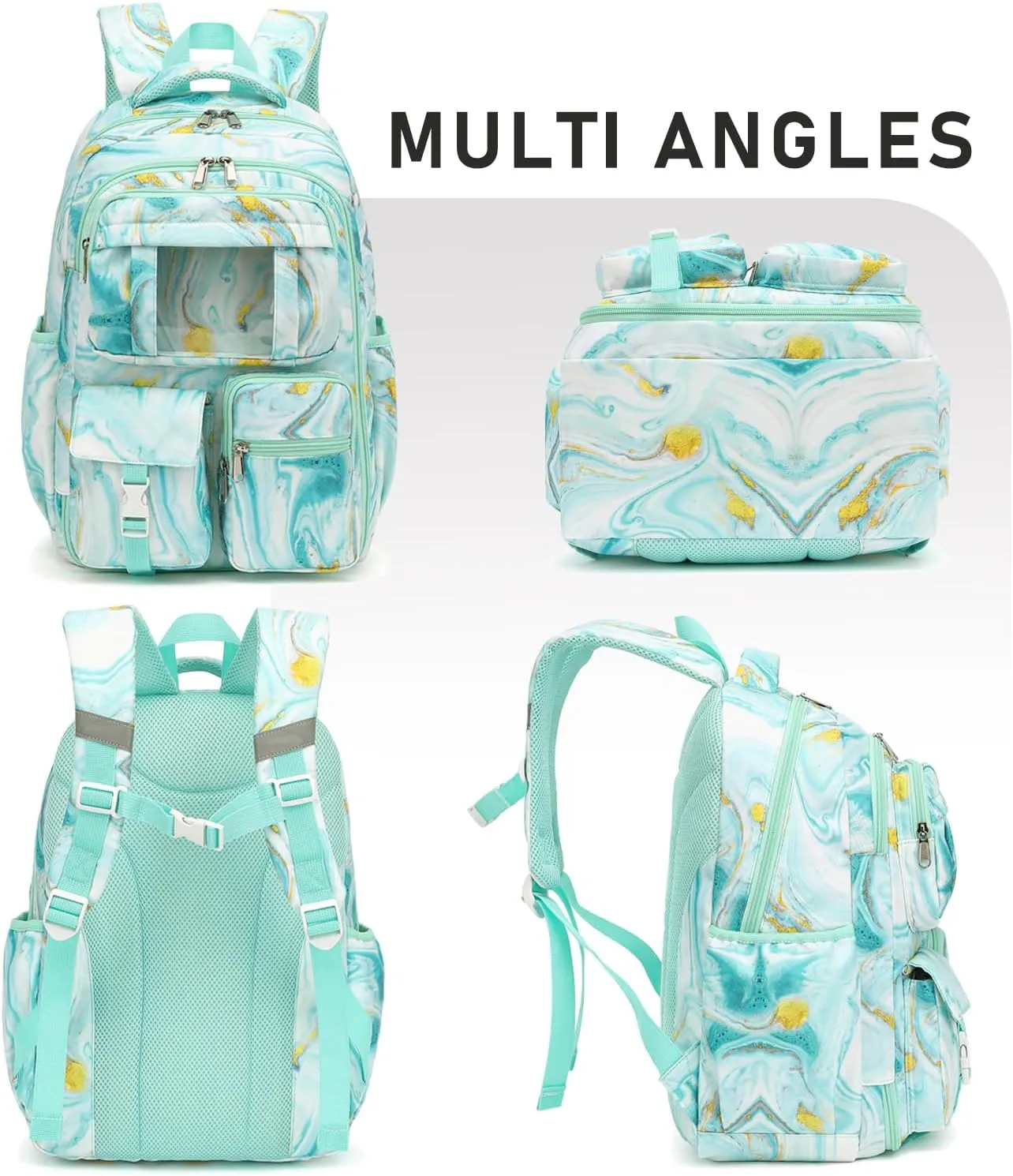 Backpack for Girls - Teens Bookbag for Middle School Students - Kids School Bags for Elementary Primary School (Turquoise Marble)
