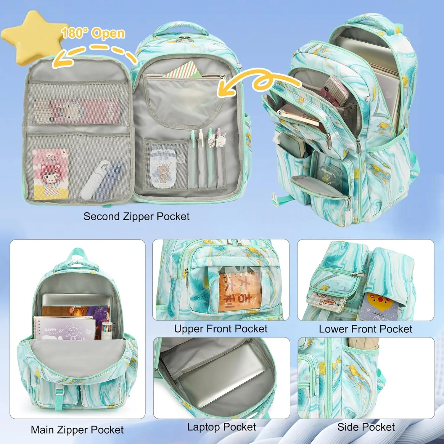 Backpack for Girls - Teens Bookbag for Middle School Students - Kids School Bags for Elementary Primary School (Turquoise Marble)