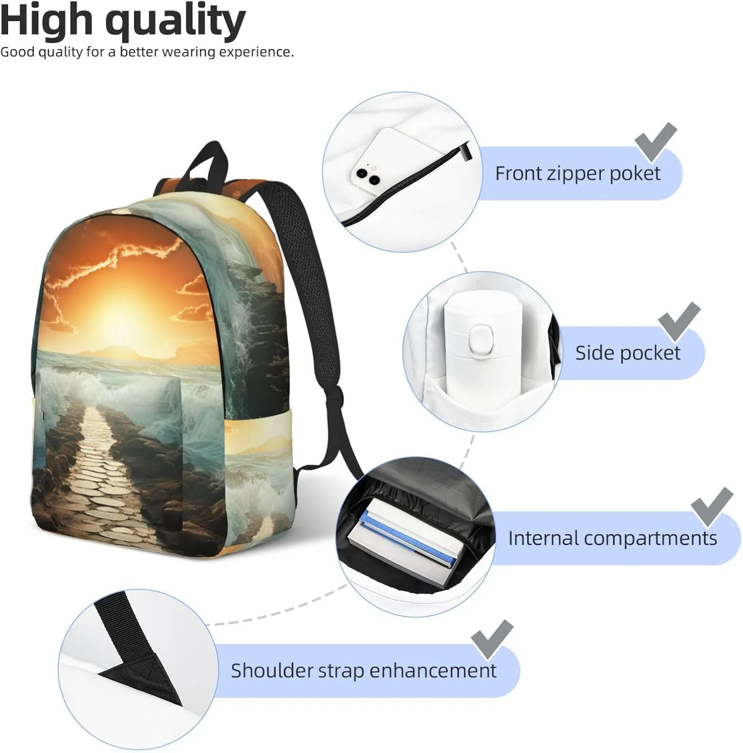 Backpack for Men Women 15.7-17.7 Inch Laptop Backpack Divided Sea Pathway Daypack Laptop Bag for Travel