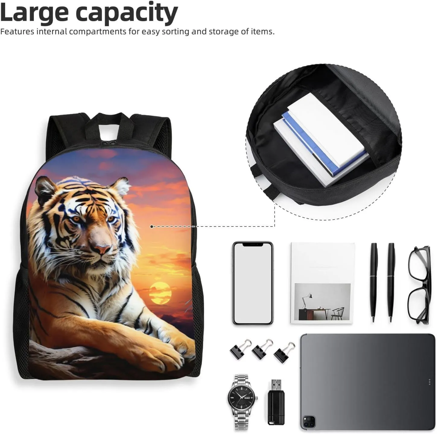 Backpack for Men Women 16.1 Inch Laptop Backpack Tiger Colorful Sunset Daypack Laptop Bag for Travel