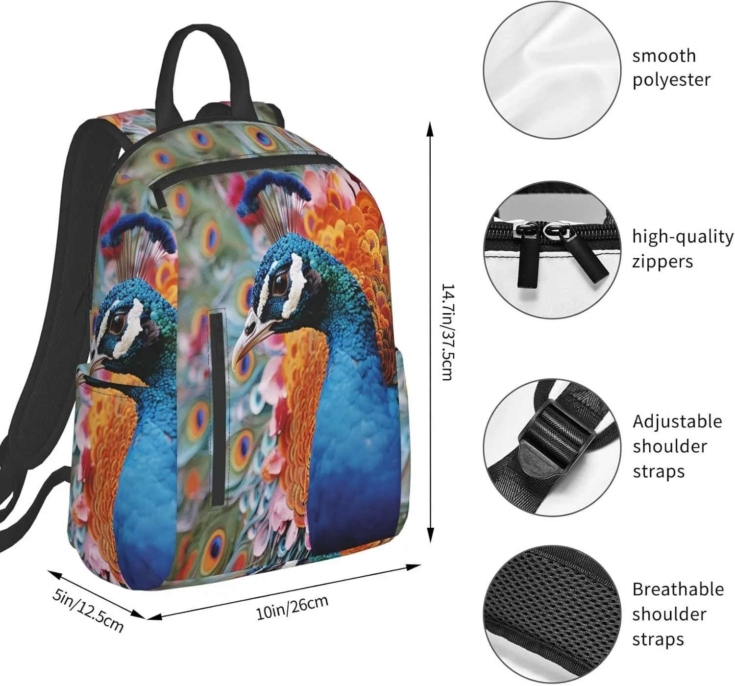 Backpack for Men Women Laptop Backpack Black and white design pattern Daypack Laptop Bag for Travel, Bird Peacock, One Size
