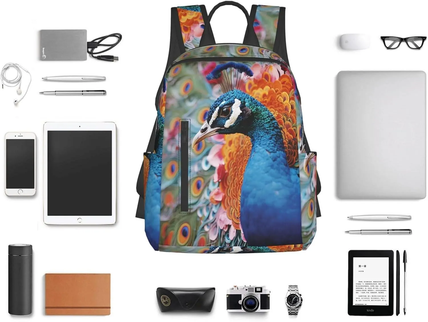 Backpack for Men Women Laptop Backpack Black and white design pattern Daypack Laptop Bag for Travel, Bird Peacock, One Size