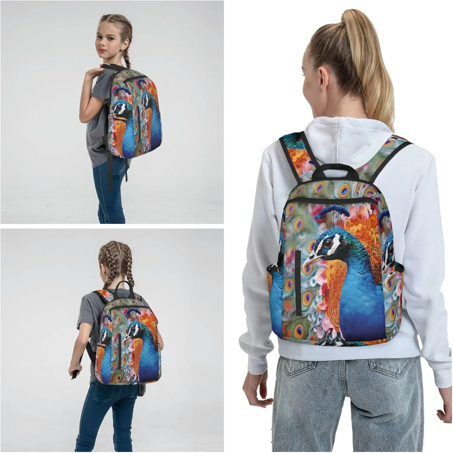 Backpack for Men Women Laptop Backpack Black and white design pattern Daypack Laptop Bag for Travel, Bird Peacock, One Size