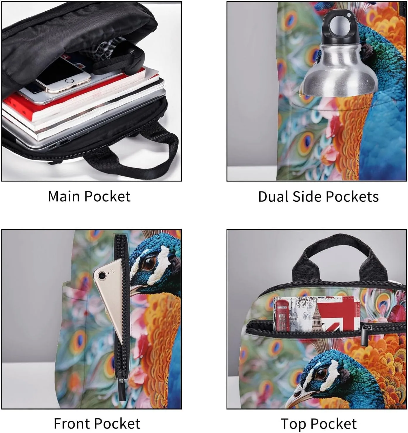 Backpack for Men Women Laptop Backpack Black and white design pattern Daypack Laptop Bag for Travel, Bird Peacock, One Size
