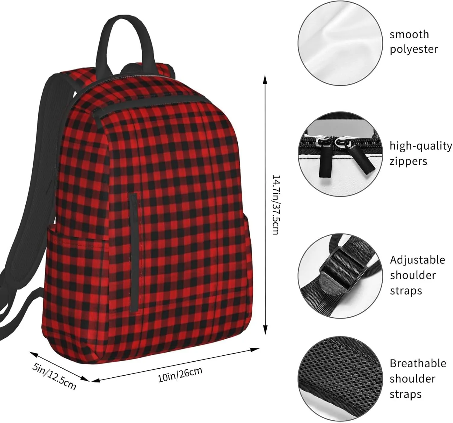 Backpack, travel, work bookbag for Red Black Buffalo Check Plaid Pattern casual daypacks with water bottle pocket