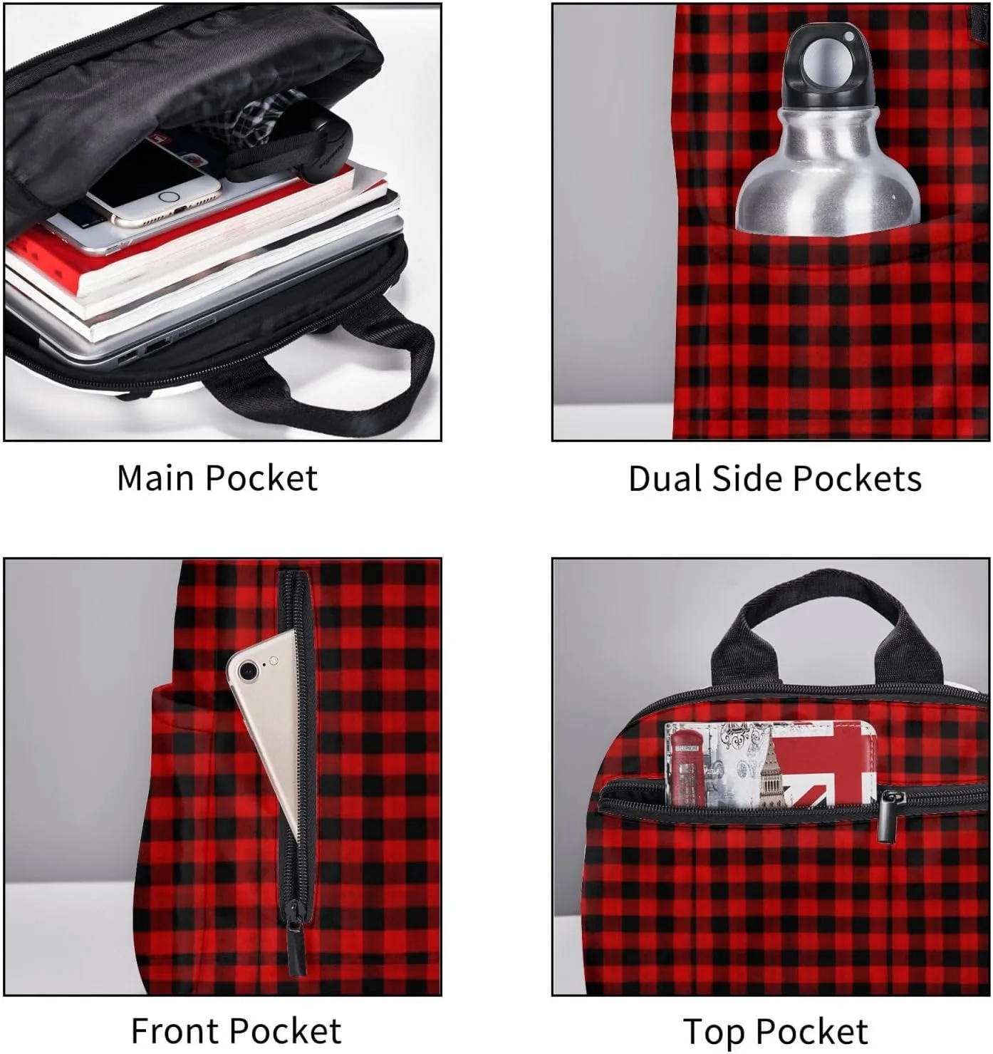 Backpack, travel, work bookbag for Red Black Buffalo Check Plaid Pattern casual daypacks with water bottle pocket