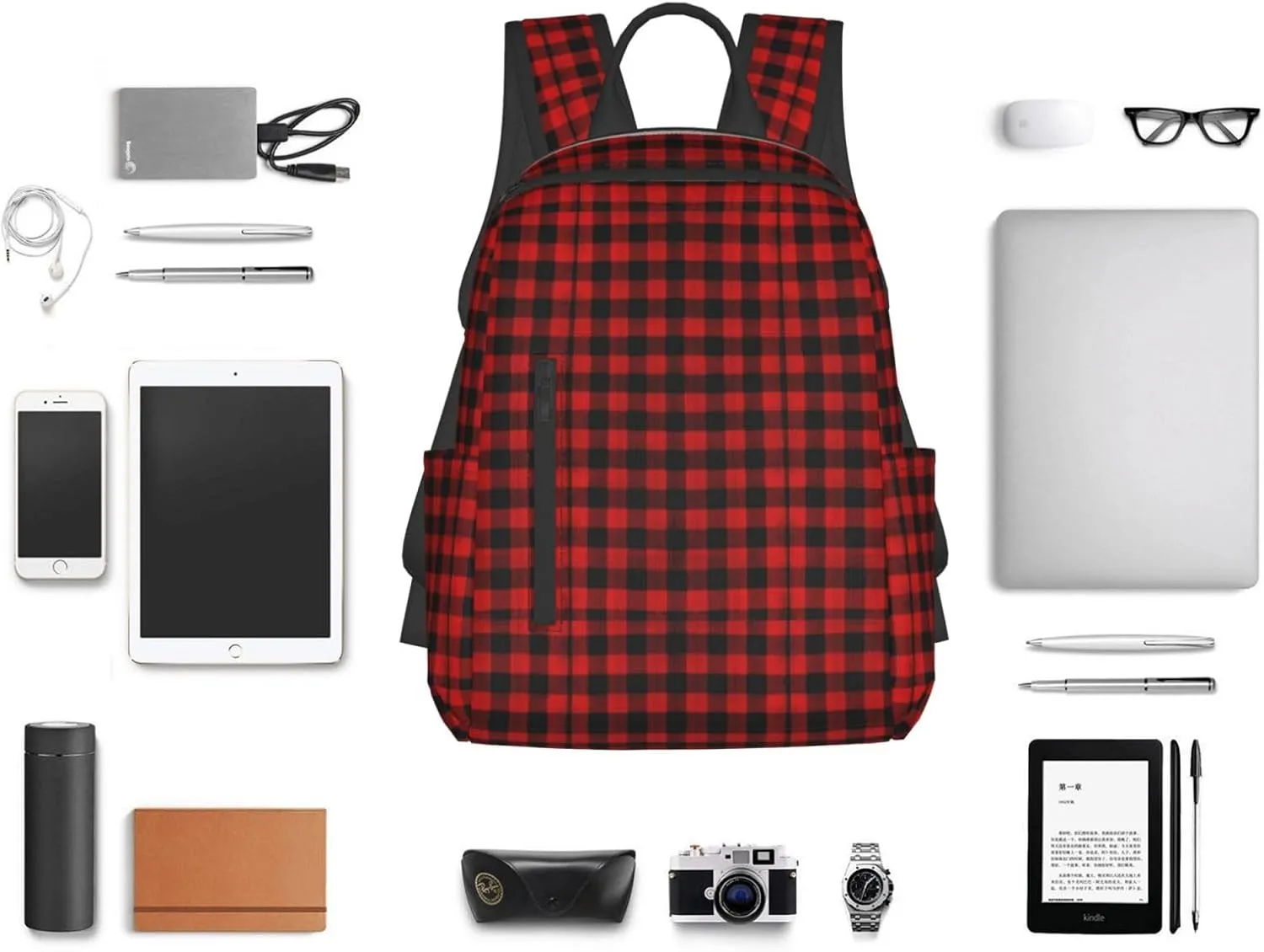 Backpack, travel, work bookbag for Red Black Buffalo Check Plaid Pattern casual daypacks with water bottle pocket