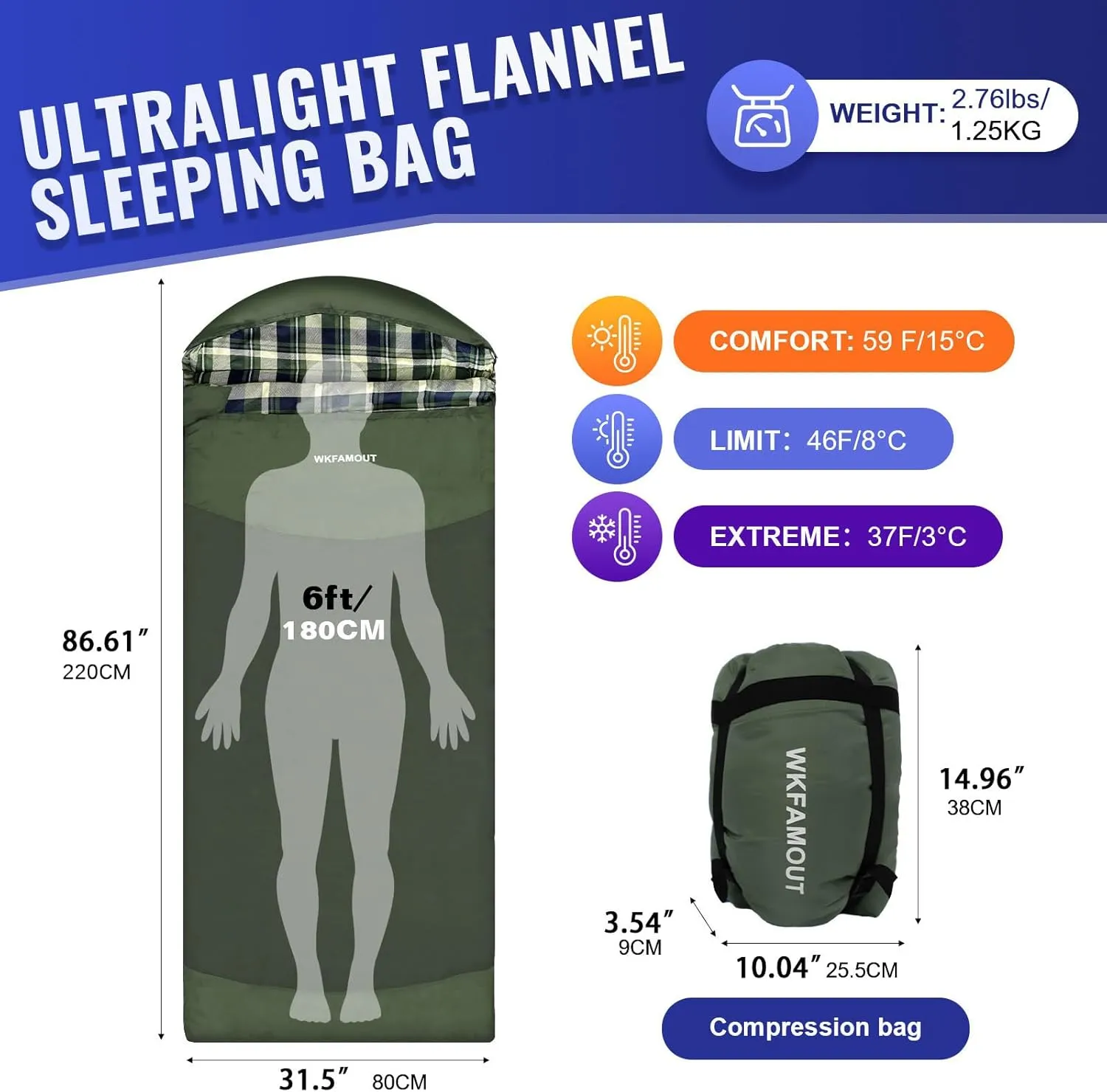 Backpacking Flannel Sleeping Bag Lightweight for Adults Hiking Ultralight Compact Sleeping Bag Portable Warm Weather Summer with Compression Sack